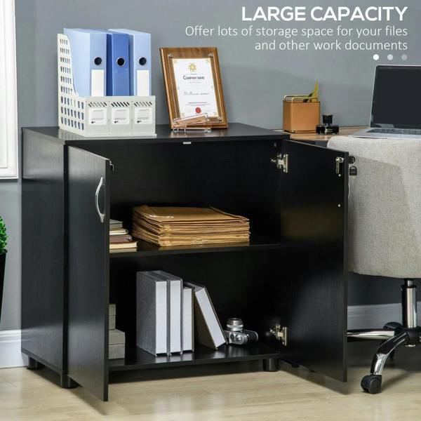 Black two-tier cabinet with top-open interior showing binders and office supplies