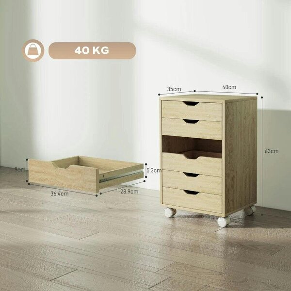 6 Drawer Vertical File Cabinet, Mobile Filing Cabinet with Quiet Drawers and Wheels with 2 Brakes, Oak Wood Effect