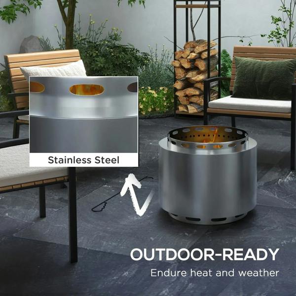 Outdoor-ready stainless steel fire pit with vented sides and flames inside