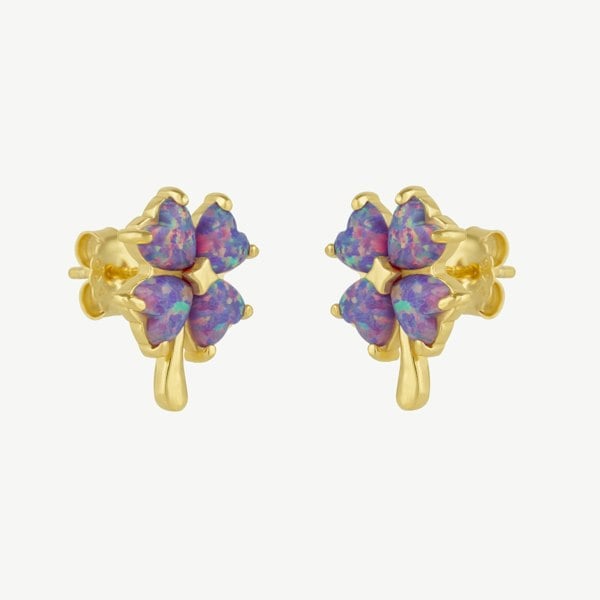 Spero London Pink Purple Opal Four Leaves Clover Sterling Silver Stud Earrings