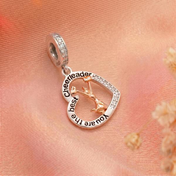 Parus Home Cheerleader Charm Pandora Compatible 925 Sterling Silver Heart Dangle, Sport Jewellery For Bracelet