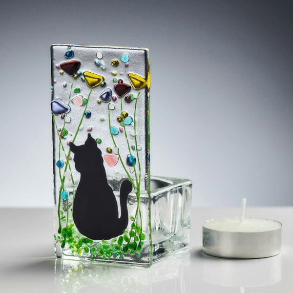 Handmade Fused Glass - Tea Light Holder - Cat - Summer Meadow