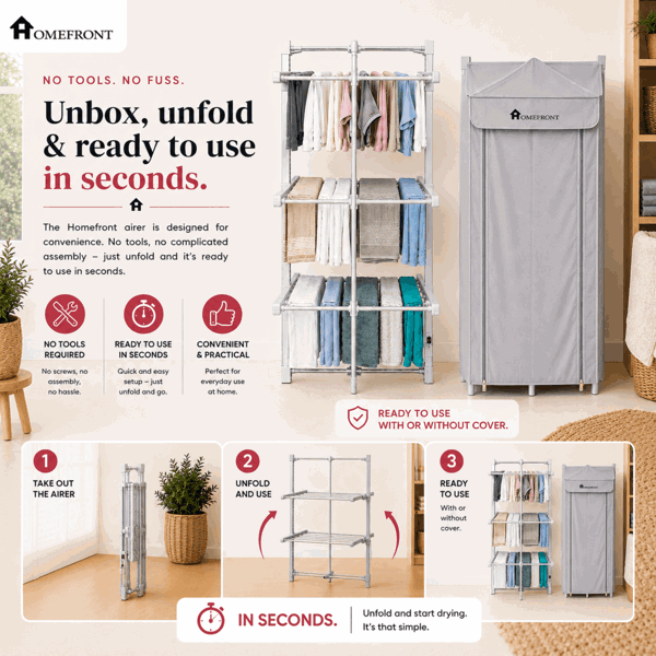 Homefront Electric Heated Clothes Airer Dryer Rack 330W Indoor 3-Tier Drier with Zip Up Cover for Even Faster Drying