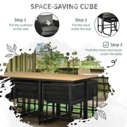 Wyld Haus Latata Black Rattan String 10 Seater Cube Garden Dining Set With Stools And Rectangular Table