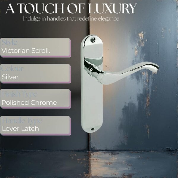 EDH Door Hardware Door Handles Cadenza Chrome Scroll on Backplate, Latch, Lock & Bathroom Sets