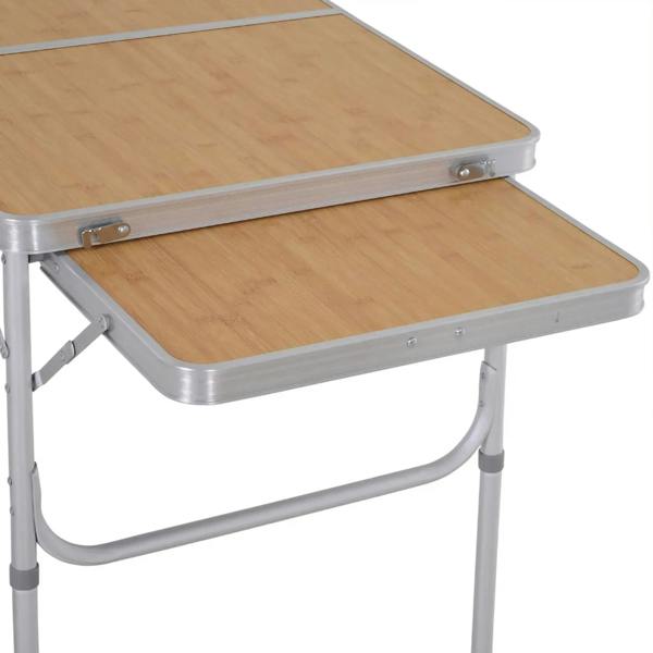 Folded pull-out table with bamboo-look top and aluminum support rails