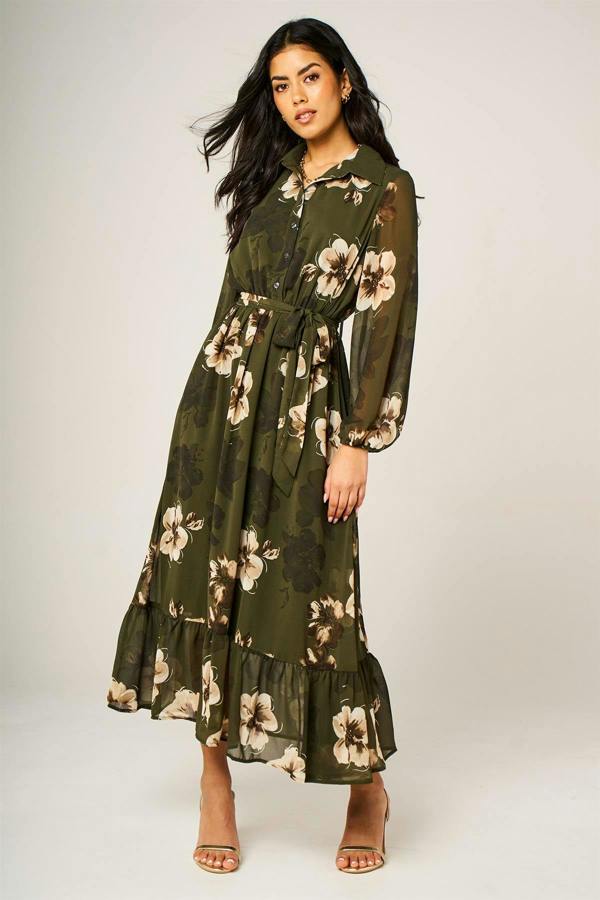 FS Collection Large Floral Print Hem Detail Shirt Midi Dress With Tie Waist In Olive Green