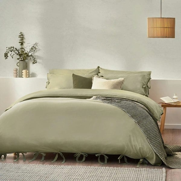 Yard Mallow Tie Detail Cotton Bow Duvet Cover Set - Sage