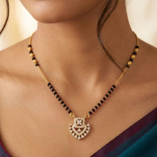 The Colourful Aura Gold Plated CZ Crystal Heart Pendant Mangalsutra Black Bead Necklace 18 Inch
