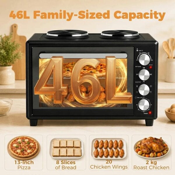 46L Mini Oven with Dual Hot Plates, Electric Countertop Cooker with Convection, 90–230°C Adjustable Temperature
