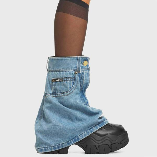 Lamoda Jeanius Black PU Denim Chunky Platform Boots Trendy Stylish Statement
