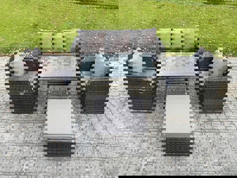 Fimous Rattan Wicker Garden Furniture Patio Conservatory Sofa Set with Rectangular Dining Table Reclining Chair 3 Seater Sofa Big Footstool
