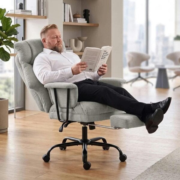 Office Chair, 180kg Heavy Duty Linen Computer Desk Chair with Lumbar Support, Wide Seat, Spring Cushion, Grey