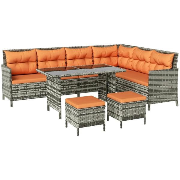 7-seater patio wicker sofa set with orange cushions, gray weave and glass table