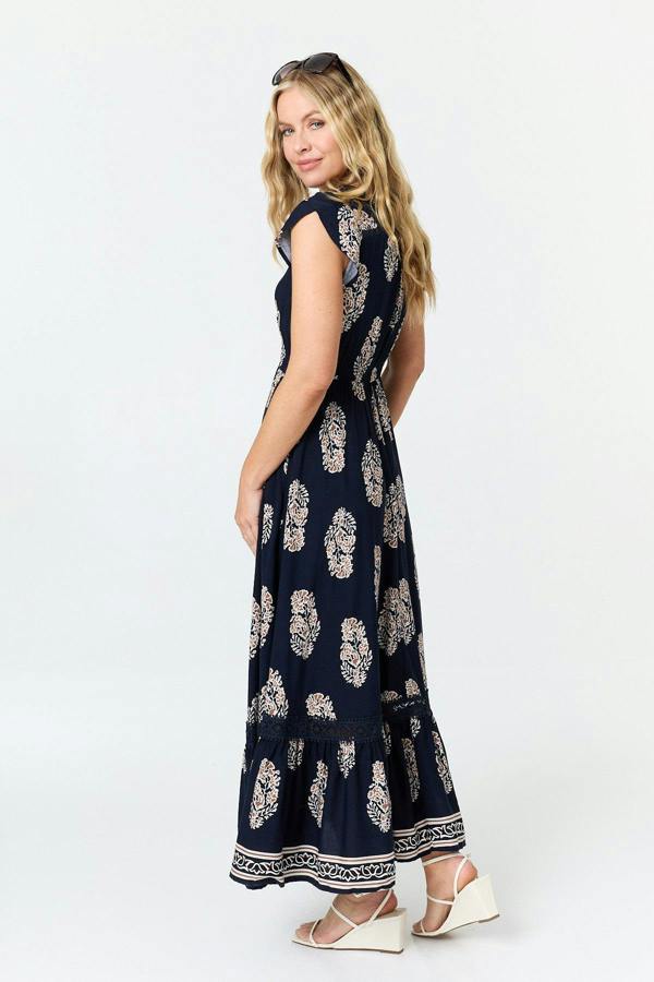 Navy | Printed Cap Sleeve V-Neck Maxi Dress