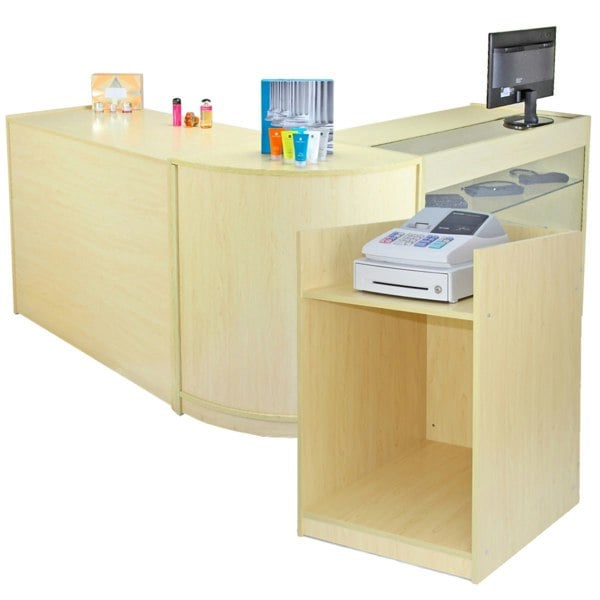 Comet Counter Set featuring a light wood finish, curved design, and integrated display space for products and a printer station