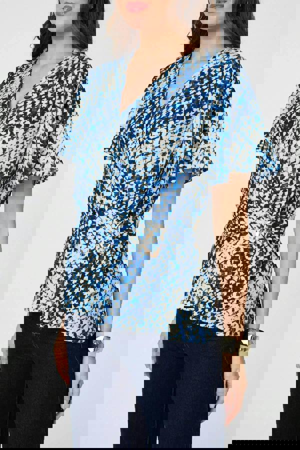 Blue | Abstract Angel Sleeve Ruched Wrap Top