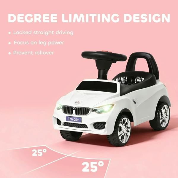 White ride-on toddler car with black seat, steering handle, and front grille