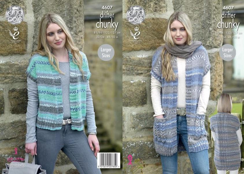 King Cole Drifter Knitting Pattern 4607, Waistcoats for Women, 32/34 - 48/50 Inches - Advanced