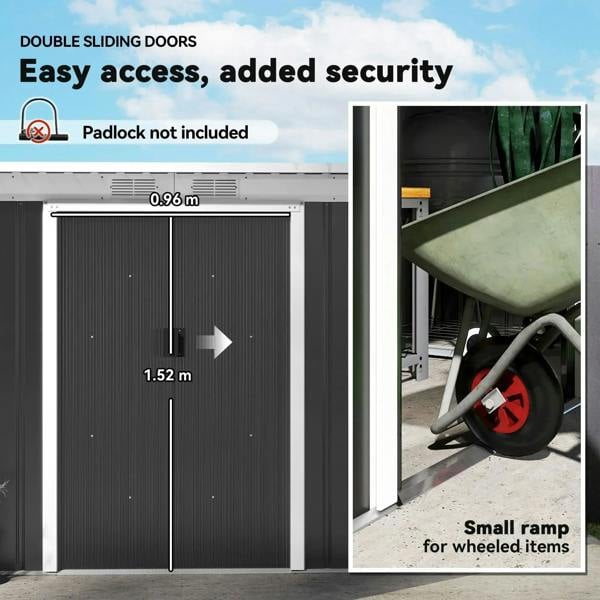 Dark grey metal shed with double sliding doors open, inner storage bay view