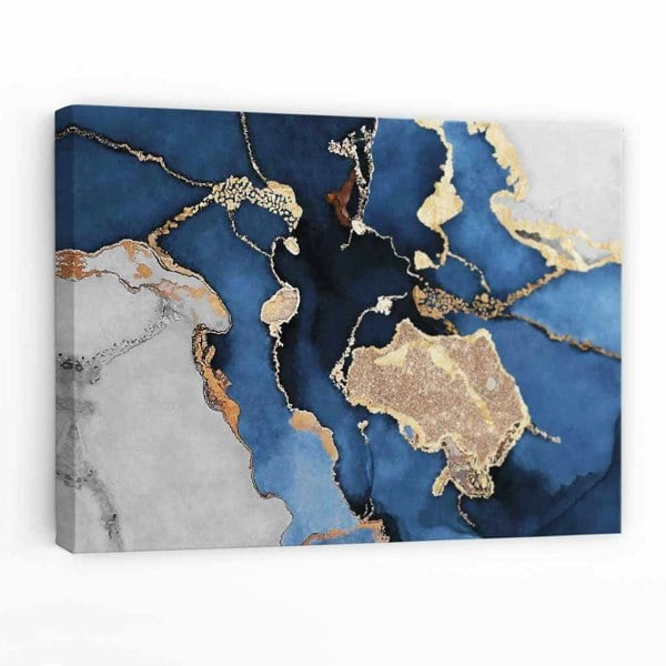 Artze Wall Art Abstract Navy Blue, Grey and Gold Canvas Art Print