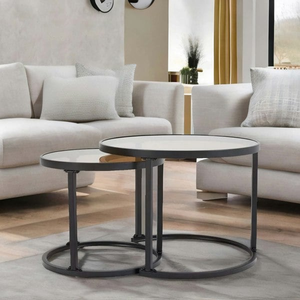 Rafaelo Mobilia Set Of 2 Round Nesting Tables With Tempered Glass Top Black
