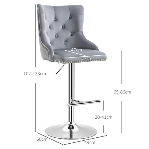 Wyld Haus Recoco Velvet Grey Adjustable Swivel Bar Stools Set Of 2 With Tufted Back And Nailhead Detail