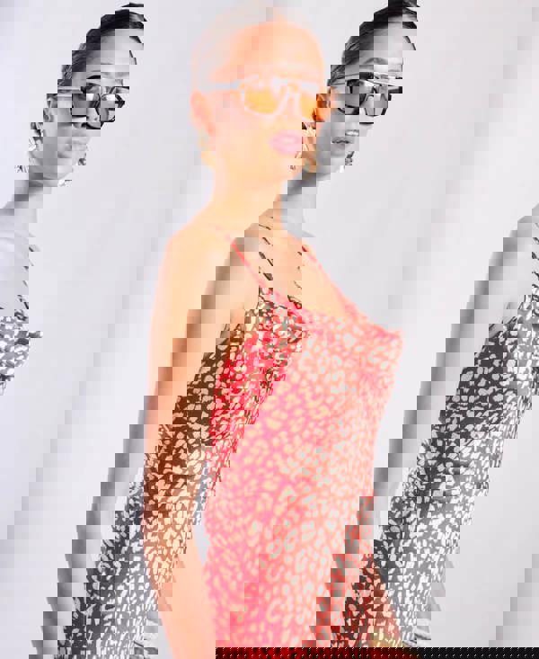 Red Animal Cowl Neck Maxi Slip Dress