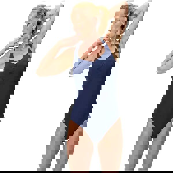 Navy Speedo Aquanite swimsuit with scoop neck, ruching, adjustable straps, medium bust support, Lycra Xtra Life