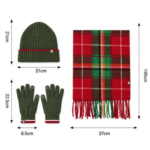 Obasyhig Christmas Check Knitted Hat Scarf and Gloves 3 Piece Set