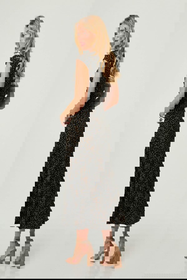 Black | Polka Dot Cap Sleeve A-Line Maxi Dress
