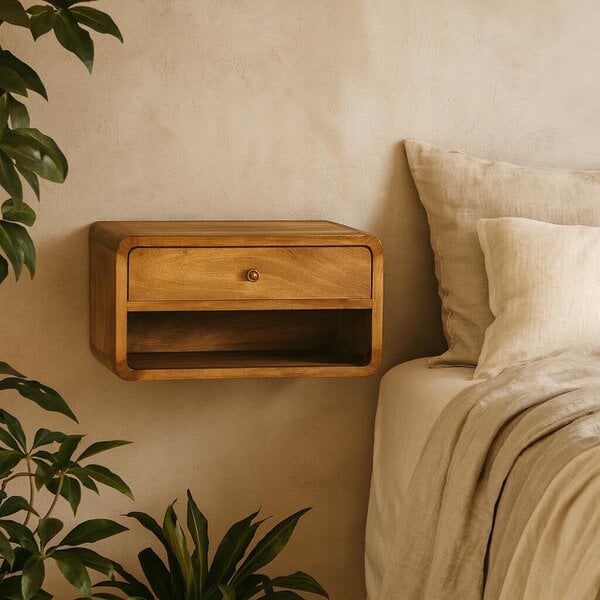 Wyld Haus Perugia Floating Curve Natural Mango Wood Open Slot Bedside Table