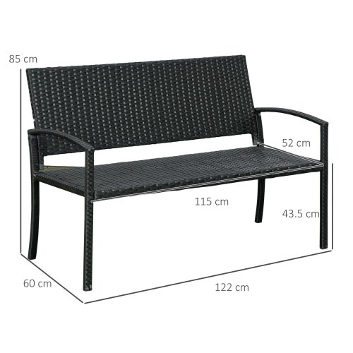 Wyld Haus Vasu Rattan Black 2 Seater Outdoor Garden Bench With Armrests And Reinforced Backrest