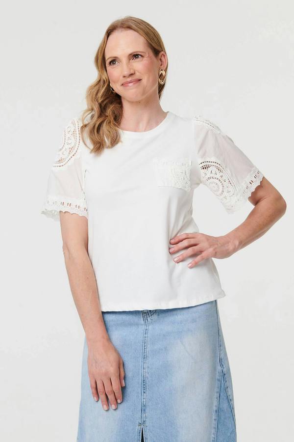 White | Lace Texture Short Sleeve T-Shirt