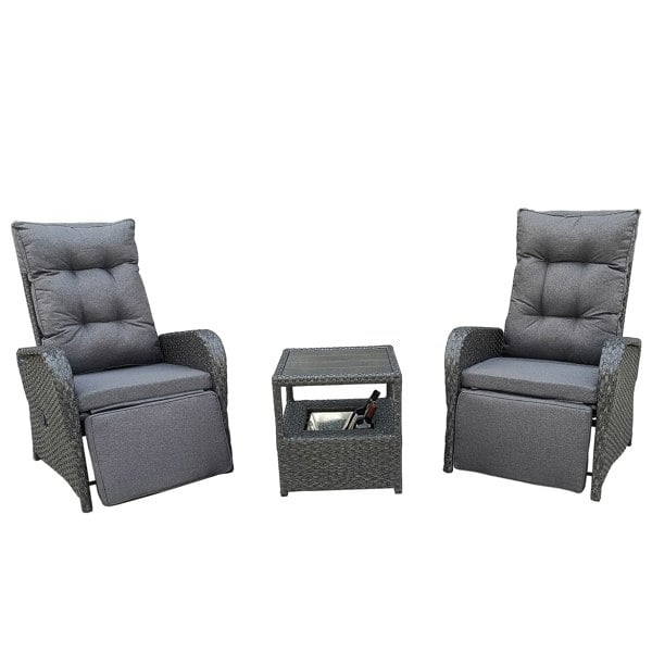 Furniture One 3 Pieces Patio Lounge Chair Set, Rattan Chaise Lounge Sofa Set 2 Seater Recliner with Soft Cushion & Ice Bucket