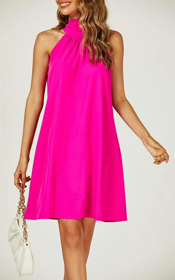 FS Collection Halter Neck Tie Back Mini Dress In Magenta