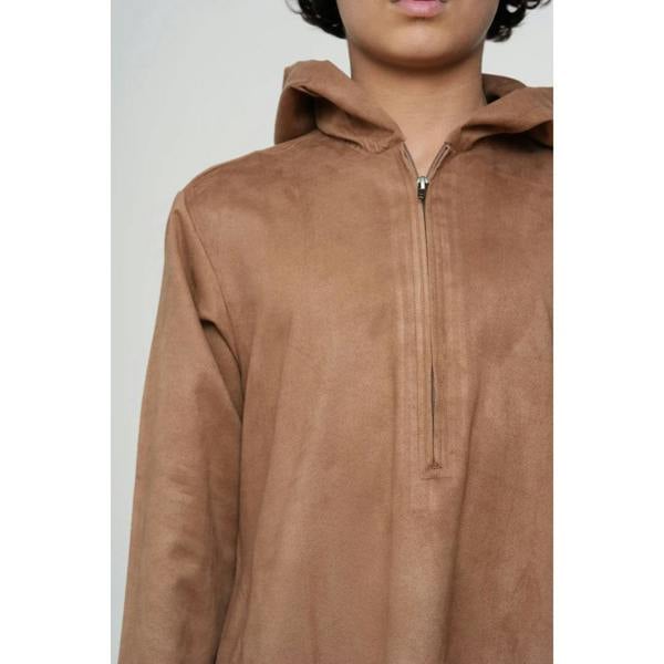 HM12 - Boy's Hooded Suede Emirati Omani Zipped Thobe - Camel - Thobez - 10