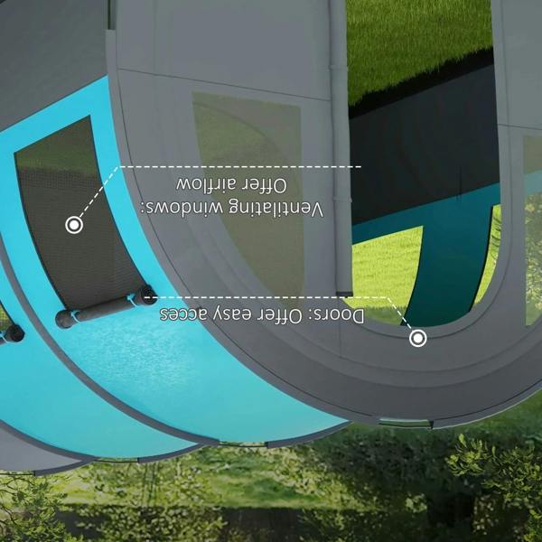 Grey and blue tunnel tent close-up of doorway entrance and window panels