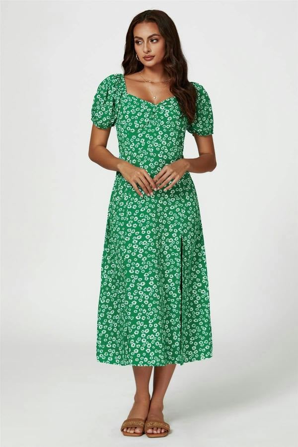 FS Collection Puff Sleeve Heart Neckline Midi Dress In Green
