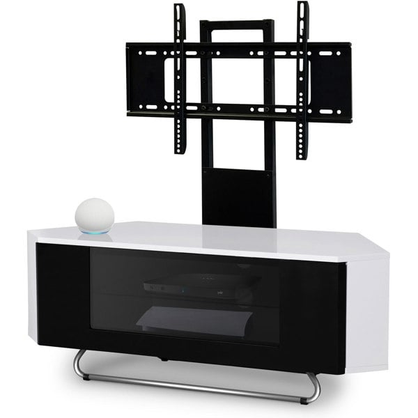 Centurion Supports Hampshire Corner-Friendly Gloss White with Black Beam-Thru Remote Friendly Door 26"-50" Flat Screen TV Cabinet with Mounting Arm