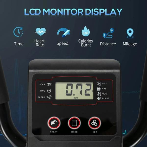 Black LCD monitor display panel with speed, heart rate, and distance icons