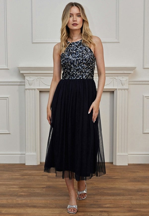 Embellished Halterneck Sequin Midi Dress in Navy - ANGELEYE