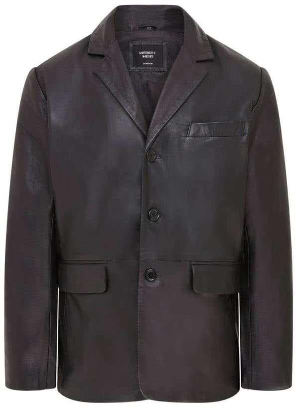 Infinity Leather Mens 3 Button Italian Leather Blazer Jacket - Fauske