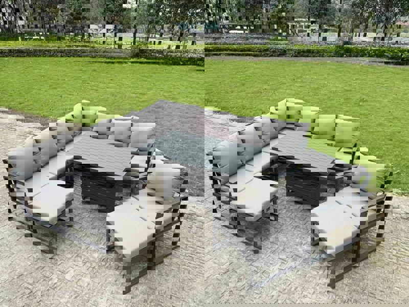 Fimous 10 Seater Aluminium Outdoor Garden Furniture Set with Rising Dining Table, Corner Sofa, Chair & 2 Footstools - Grey