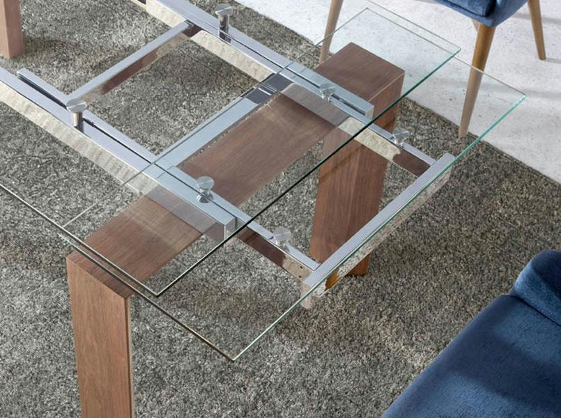 Angel Cerdá Rectangular tempered glass and walnut extending dining table 1007