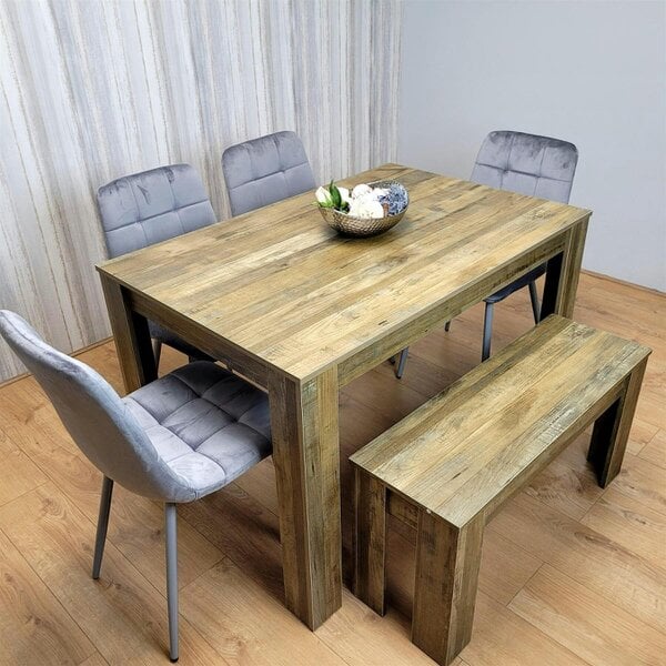 Kosy Koala Wooden Dining Table Set for 6 Rustic Effect Table With 4 Grey Velvet Chairs and 1 Bench