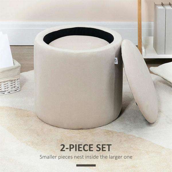 Cream white round ottoman with removable lid and storage interior, wide side view.