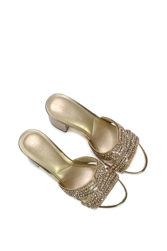 XY LONDON Sparkly Diamante Strappy Mid Block Heeled Sandal Mules