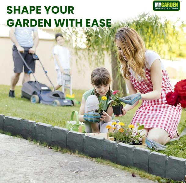 My Garden Outdoor Living Interlocking Lawn Edging Set 20 Pack – 16ft Long Hammer-In Garden Edging Borders - Cobblestone Border Design for Flower Beds