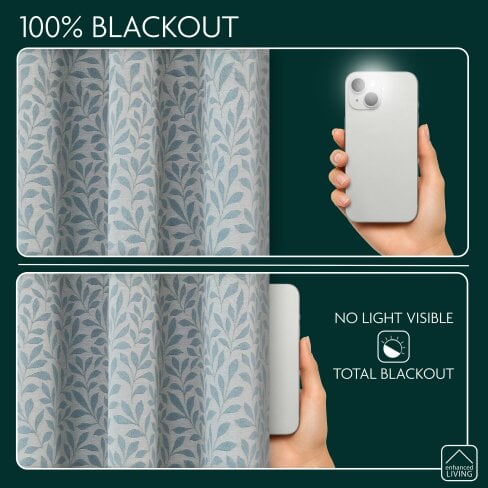 Enhanced Living Sherwood 100% Blackout Jacquard Leaf Curtains - Thermal/Energy Saving Pair with Eyelets For Living Room & Bedrooms
